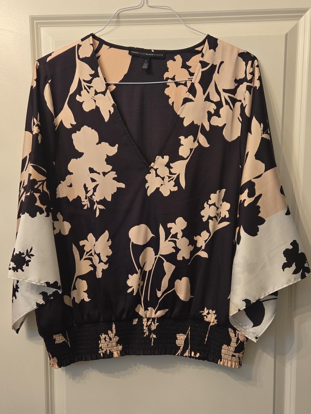White House Black Market Black and Blush Floral V-Neck Peasant Blouse